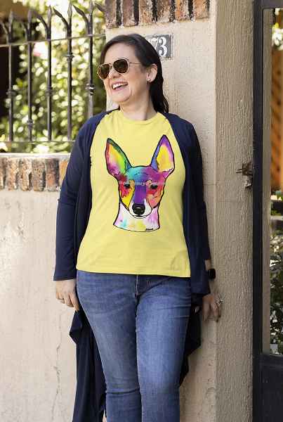 woman leaning on a wall in the street toy fox terrier 600