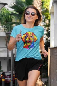 woman running in an urban area while wearing a labradoodle tee 600